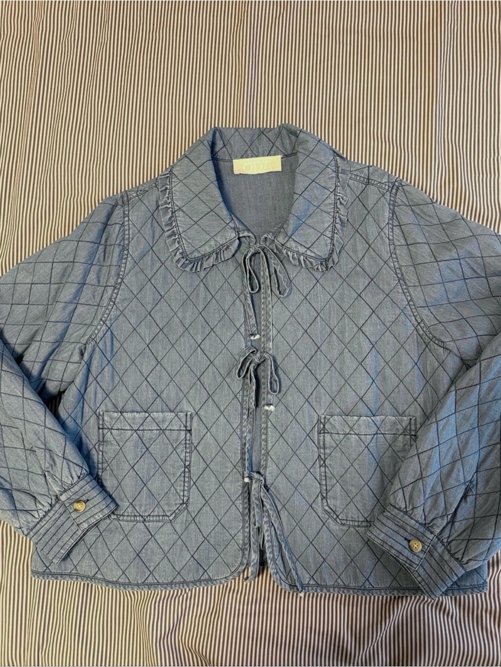 Quilted Chambray Tie-Front Jacket - Blue